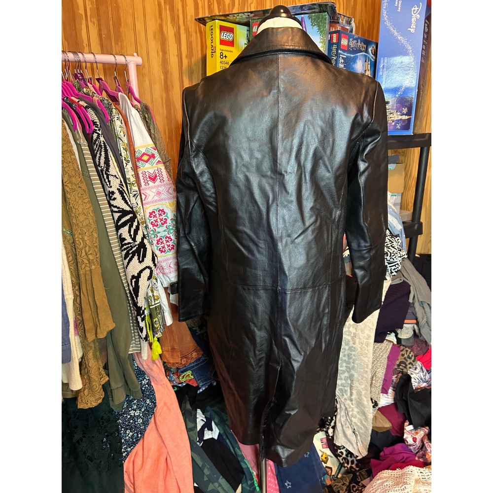 Chadwicks Womens Black Leather Trench Coat Jacket Size 12 Mid Length Buttons - Picture 6 of 8